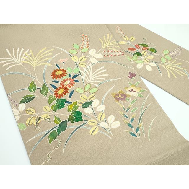 平和屋本店■極上　九寸名古屋帯　友禅　作家物　明美　駒刺繍　草花文　金彩　鬼しぼ縮緬　枯色地　逸品　未使用　CZAA3182s5