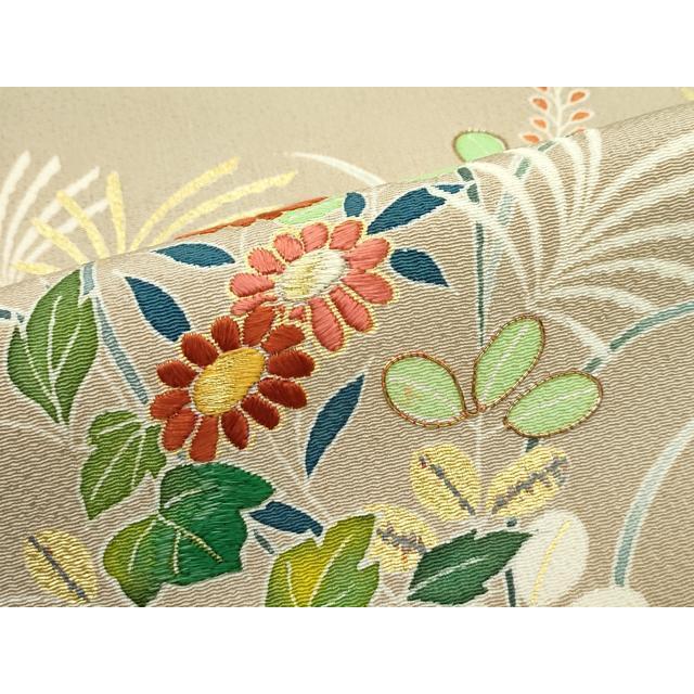 平和屋本店■極上　九寸名古屋帯　友禅　作家物　明美　駒刺繍　草花文　金彩　鬼しぼ縮緬　枯色地　逸品　未使用　CZAA3182s5