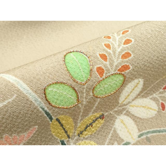 平和屋本店■極上　九寸名古屋帯　友禅　作家物　明美　駒刺繍　草花文　金彩　鬼しぼ縮緬　枯色地　逸品　未使用　CZAA3182s5