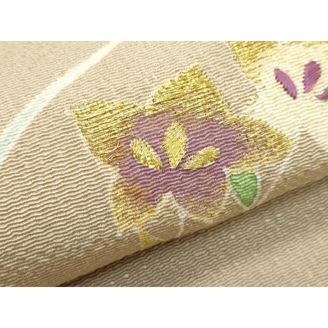 平和屋本店■極上　九寸名古屋帯　友禅　作家物　明美　駒刺繍　草花文　金彩　鬼しぼ縮緬　枯色地　逸品　未使用　CZAA3182s5