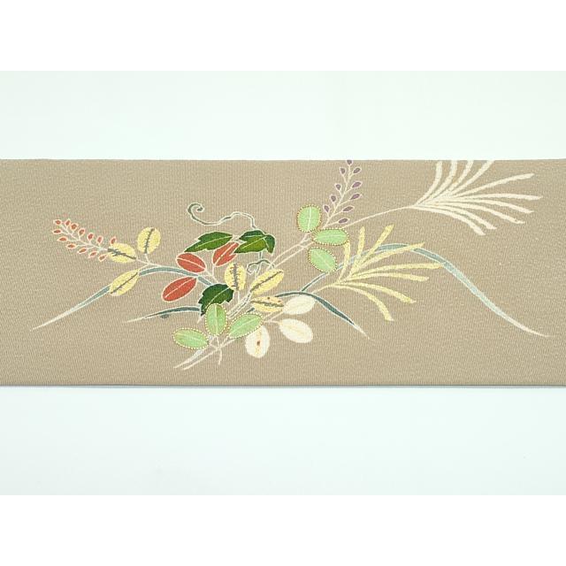平和屋本店■極上　九寸名古屋帯　友禅　作家物　明美　駒刺繍　草花文　金彩　鬼しぼ縮緬　枯色地　逸品　未使用　CZAA3182s5