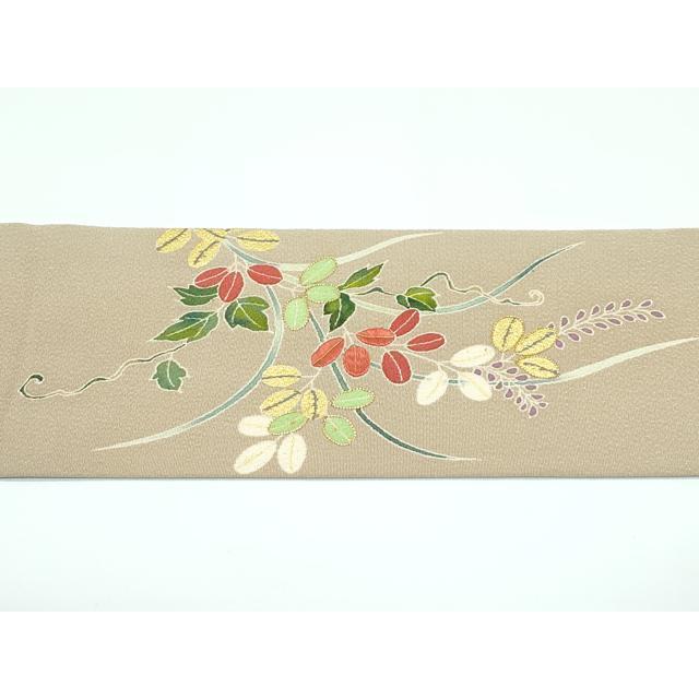 平和屋本店■極上　九寸名古屋帯　友禅　作家物　明美　駒刺繍　草花文　金彩　鬼しぼ縮緬　枯色地　逸品　未使用　CZAA3182s5