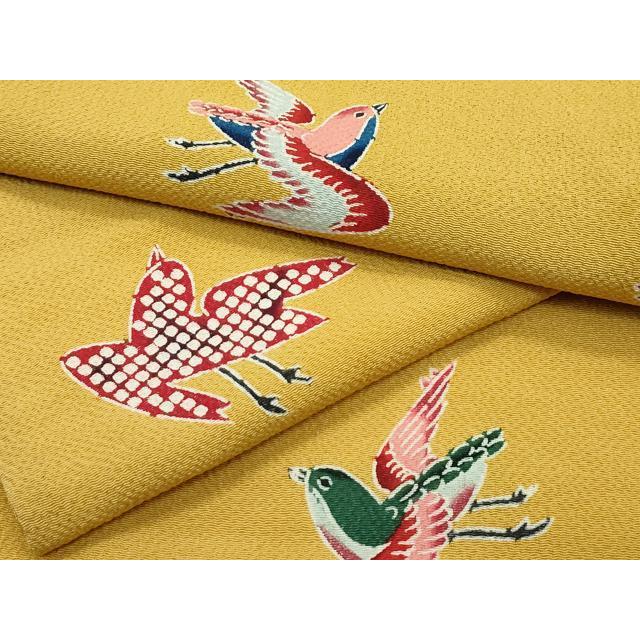 平和屋本店■極上　浦野理一　型染　小紋　飛鳥文　鬼しぼ縮緬　黄朽葉色地　逸品　CZAA3250s5 平和屋本店□極上 浦野理一 型染 小紋 飛鳥文 鬼しぼ縮緬 黄朽葉色地