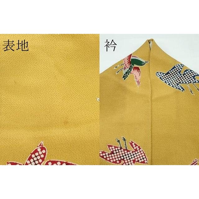 平和屋本店□極上 浦野理一 型染 小紋 飛鳥文 鬼しぼ縮緬 黄朽葉色地