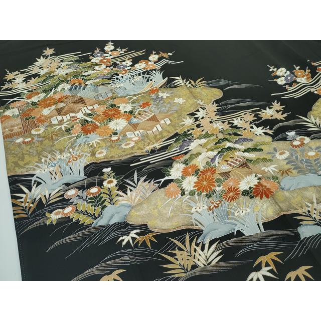 千總　黒留袖　☆リメイク☆ 平和屋本店□極上 創業460年・千總 黒留袖 駒刺繍 草花風景文 金彩