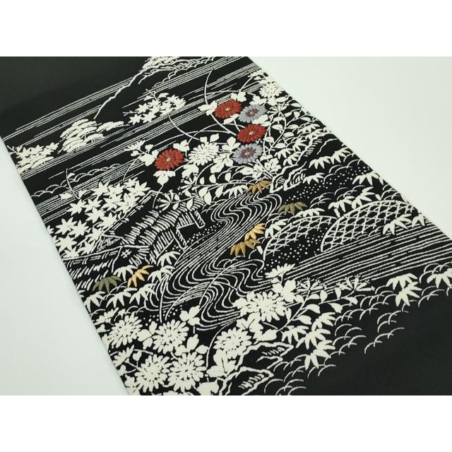 平和屋本店□極上 九寸開き名古屋帯 刺繍 御所解文 黒地 金糸 鬼しぼ