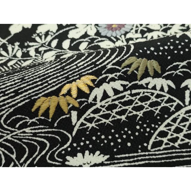 平和屋本店□極上 九寸開き名古屋帯 刺繍 御所解文 黒地 金糸 鬼しぼ