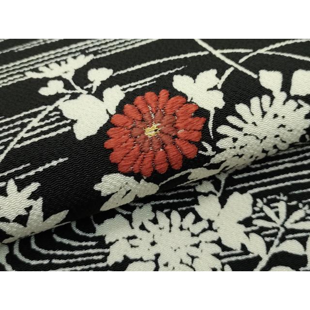 平和屋本店□極上 九寸開き名古屋帯 刺繍 御所解文 黒地 金糸 鬼しぼ