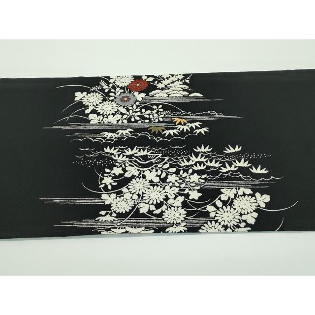 平和屋本店□極上 九寸開き名古屋帯 刺繍 御所解文 黒地 金糸 鬼しぼ