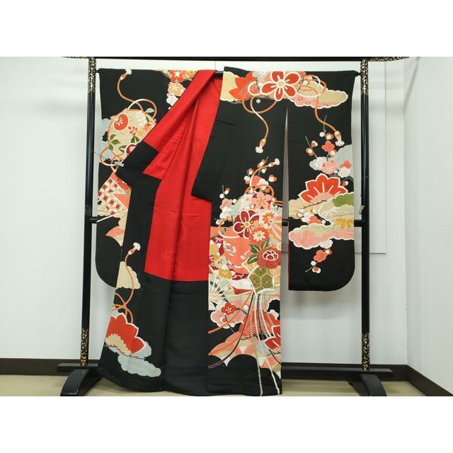 平和屋本店●極上　アンティーク　大正ロマン　中国三大刺繍　相良刺繍　振袖　松竹梅　蓑亀　鶴　金糸　赤橙色地　逸品　CYAA4166s6 平和屋着物○極上 アンティーク 大正ロマン 振袖 駒刺繍 松竹梅檜扇花