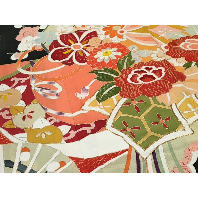 平和屋着物○極上 アンティーク 大正ロマン 振袖 駒刺繍 松竹梅檜扇花