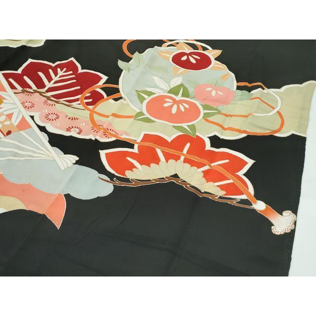 平和屋着物●アンティーク　大正ロマン　振袖　駒刺繍　御所車花文　黒地　金彩　正絹　逸品　DABA8984du 平和屋着物○アンティーク 大正ロマン 振袖 駒刺繍 御所車花文 黒地