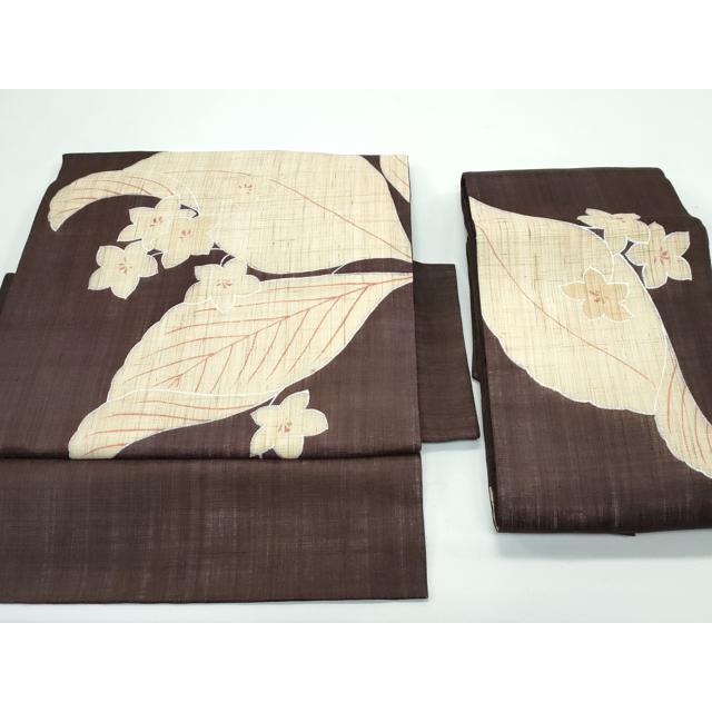 平和屋着物＊極上 夏物 つけ帯 草花文 銀彩 赤墨色地 麻 逸品