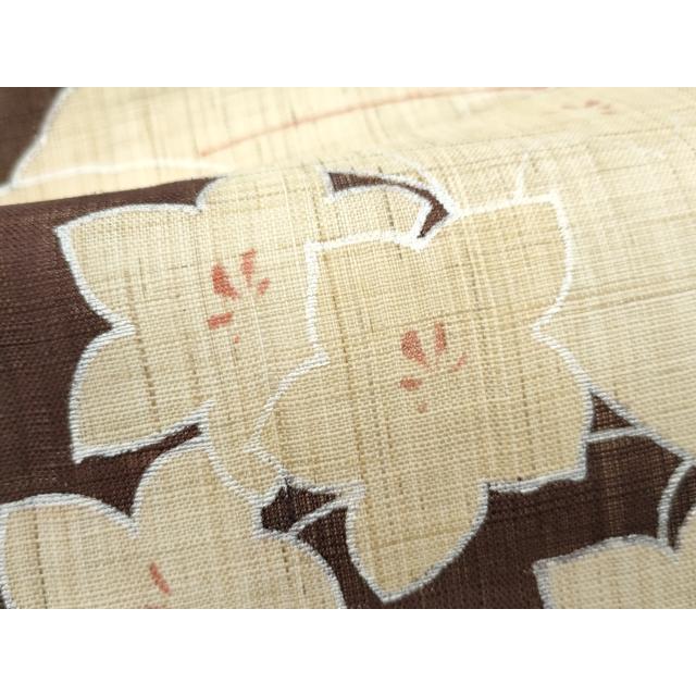 平和屋着物＊極上 夏物 つけ帯 草花文 銀彩 赤墨色地 麻 逸品