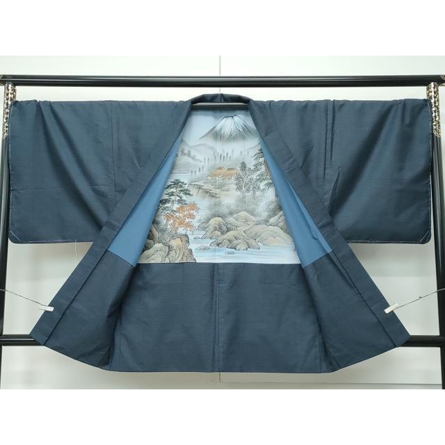 平和屋着物○男性 貴峰紬 アンサンブル 長羽織 紺地 証紙付き 正絹