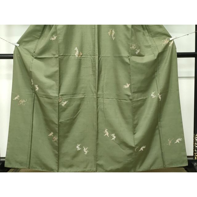 平和屋着物●京の名門・菱屋六右ェ門　紬　鈴　正絹　逸品　AABH4061ph 平和屋着物○極上 京の名門・菱屋六右ェ門 紬 鳥獣戯画 海松色地 逸品