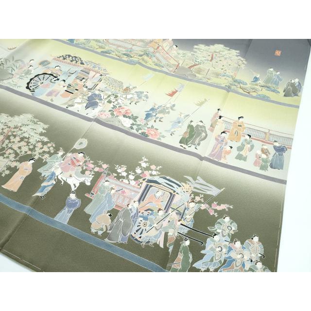 平和屋着物●極上　十日町　加賀草木友禅の第一人者　田村哲彦　訪問着　人物風景文　暈し染め　煤色地　逸品　未使用　CZAA5505s6