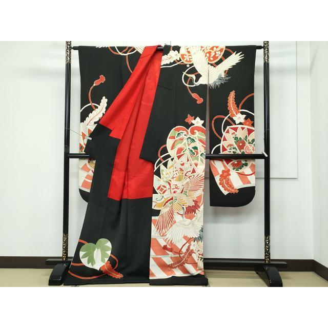 平和屋本店●極上　アンティーク　大正ロマン　振袖　駒刺繍　飛鶴草花文　黒地　金彩　逸品　CZAA5644s6_1