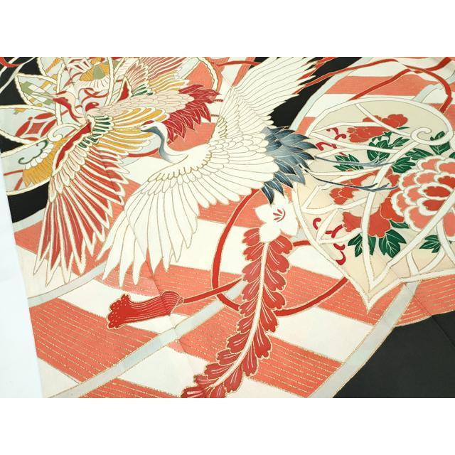 平和屋本店●極上　アンティーク　大正ロマン　振袖　駒刺繍　飛鶴草花文　黒地　金彩　逸品　CZAA5644s6_3