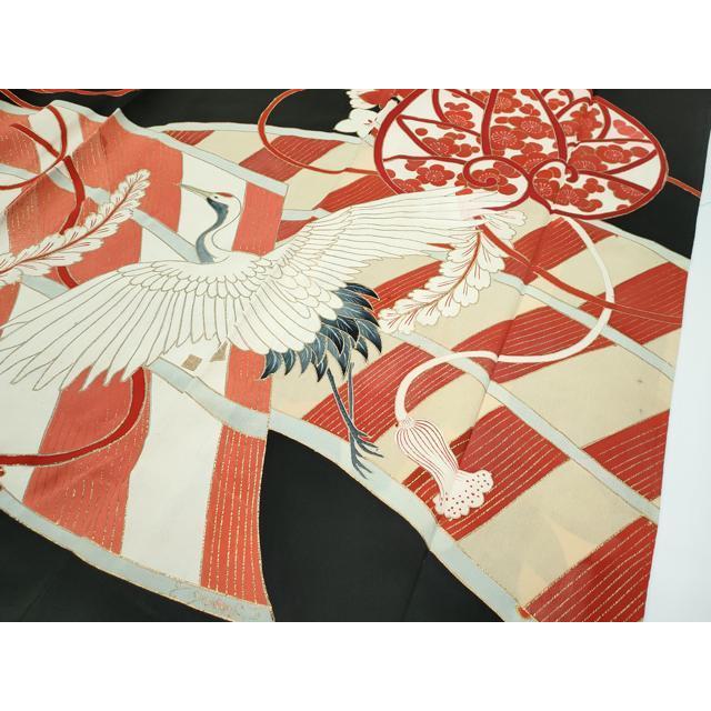 平和屋本店●極上　アンティーク　大正ロマン　振袖　駒刺繍　飛鶴草花文　黒地　金彩　逸品　CZAA5644s6_4