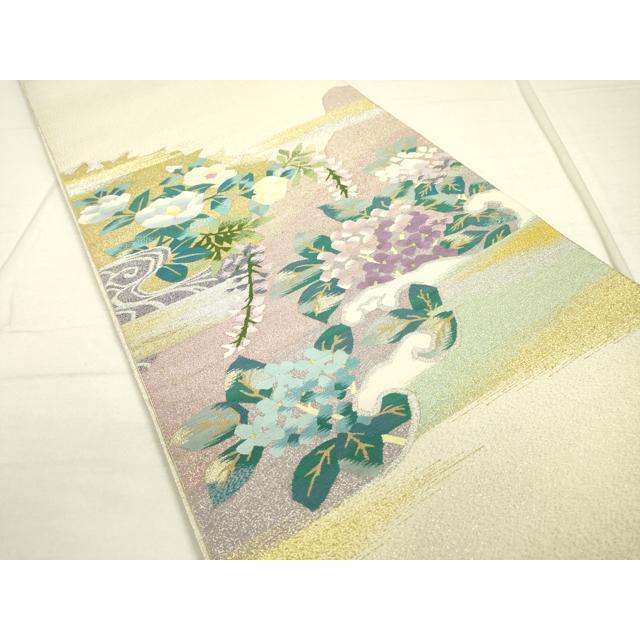 開き名古屋帯 名品 落款あり 紬地 仏像 雲 金彩 クリーム 正絹