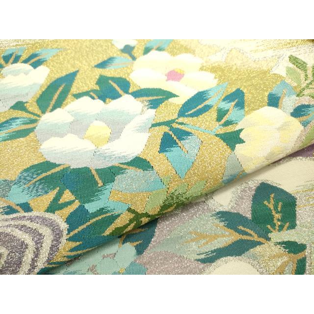 袋帯 秀品 夏帯 動物 鳥 茶緑色 お太鼓柄 正絹 中古 袋帯 秀品