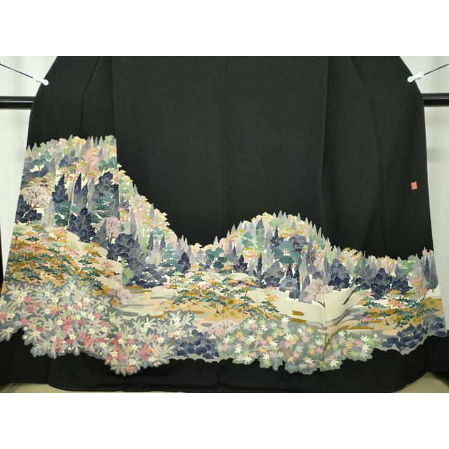 平和屋着物●本加賀友禅作家　百貫華峰　黒留袖　樹林風景文　正絹　逸品　CABE2095yc 平和屋着物○本加賀友禅作家 百貫華峰 黒留袖 風景花文 正絹 逸品