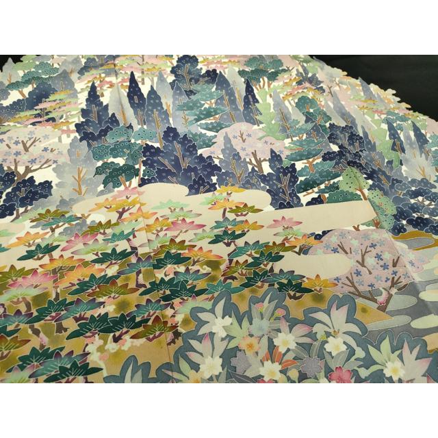 平和屋着物●本加賀友禅作家　百貫華峰　黒留袖　樹林風景文　正絹　逸品　CABE2095yc 平和屋着物○本加賀友禅作家 百貫華峰 黒留袖 風景花文 正絹 逸品