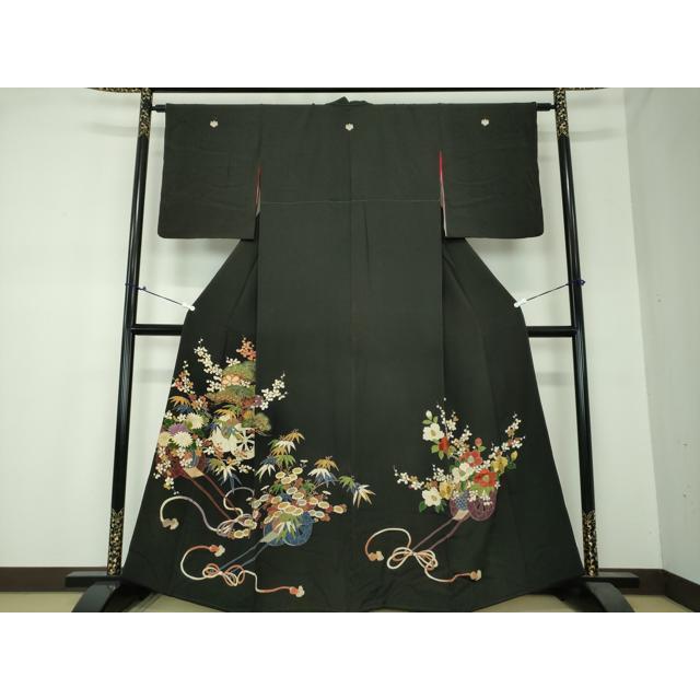 平和屋着物○アンティーク 大正ロマン 黒留袖 駒刺繍 吉祥花車文 金彩