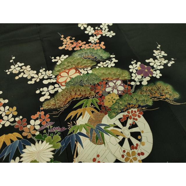 平和屋着物○アンティーク 大正ロマン 黒留袖 駒刺繍 吉祥花車文 金彩