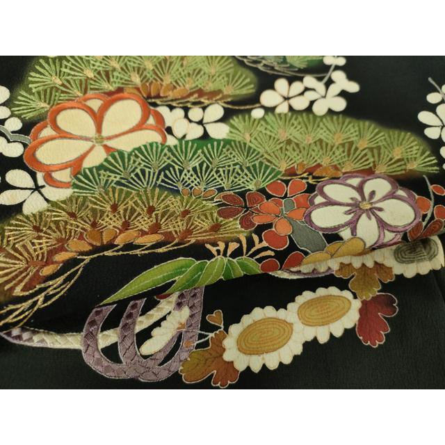 平和屋着物○アンティーク 大正ロマン 黒留袖 駒刺繍 吉祥花車文 金彩