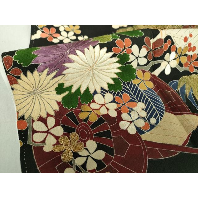 平和屋着物○アンティーク 大正ロマン 黒留袖 駒刺繍 吉祥花車文 金彩
