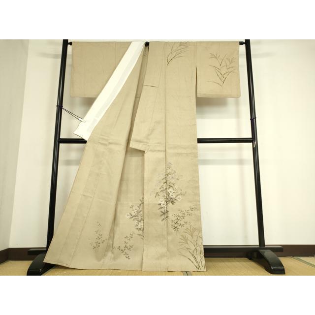 平和屋着物▽訪問着　単衣　紬地　作家物　草花文　手描き　金彩　正絹　逸品　DAAT9341az 平和屋着物▽訪問着 単衣 紬地 作家物 草花文 手描き 金彩 正絹 逸品
