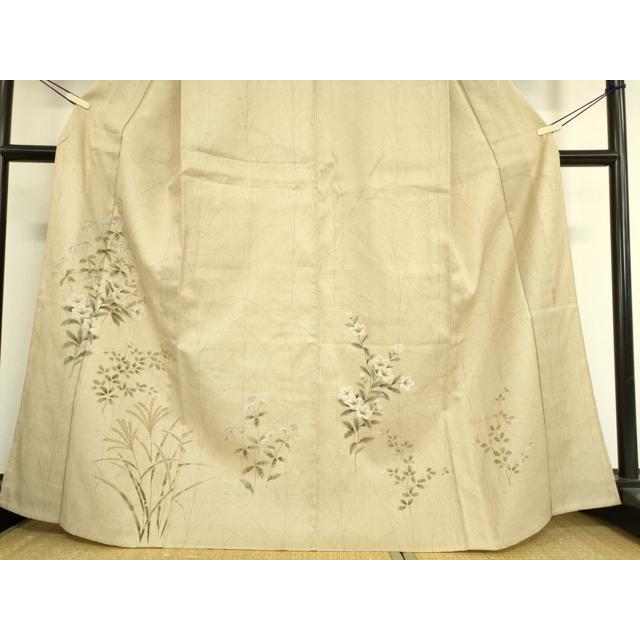 平和屋着物▽訪問着　単衣　紬地　作家物　草花文　手描き　金彩　正絹　逸品　DAAT9341az 平和屋着物▽訪問着 単衣 紬地 作家物 草花文 手描き 金彩 正絹 逸品