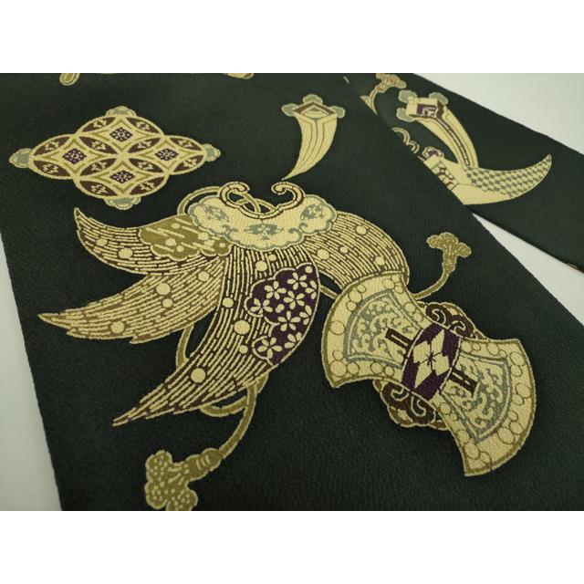 平和屋着物○九寸名古屋帯 型染 宝尽くし 黒地 鬼しぼ縮緬 正絹 逸品