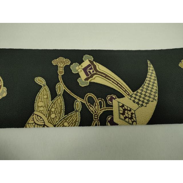 平和屋着物○九寸名古屋帯 型染 宝尽くし 黒地 鬼しぼ縮緬 正絹 逸品