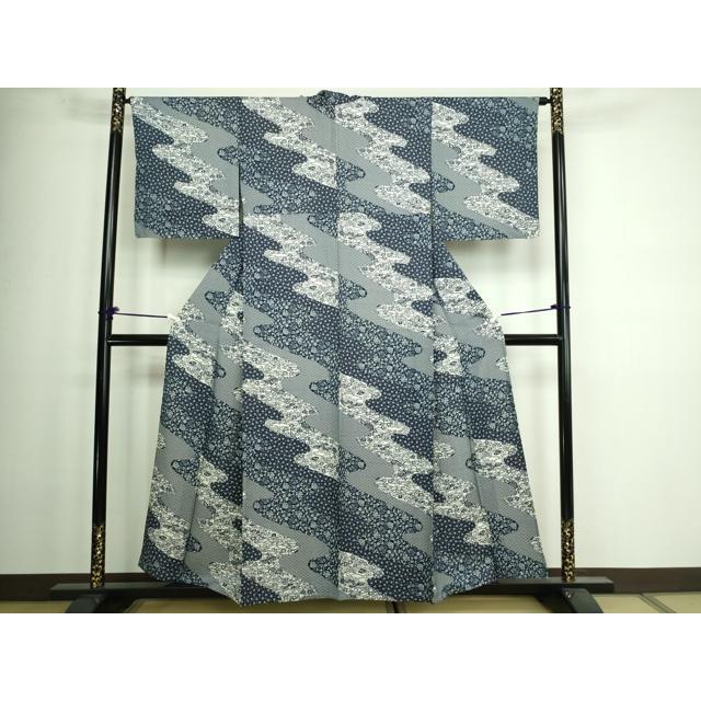 平和屋着物▽上質な小紋　単衣　藍　型染め　花唐草文　正絹　逸品　DAAW9428sf
