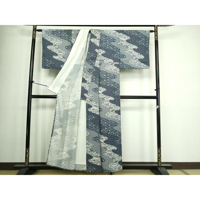 平和屋着物▽上質な小紋　単衣　藍　型染め　花唐草文　正絹　逸品　DAAW9428sf