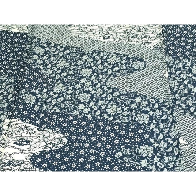 平和屋着物▽上質な小紋　単衣　藍　型染め　花唐草文　正絹　逸品　DAAW9428sf