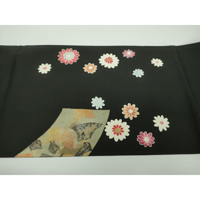 平和屋着物○塩瀬 九寸開き名古屋帯 地紙花文 黒地 金彩 正絹 逸品 