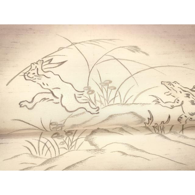 平和屋着物○太鼓柄袋帯 作家物 手描き 紬地 刺繍 鳥獣戯画 正絹 逸品