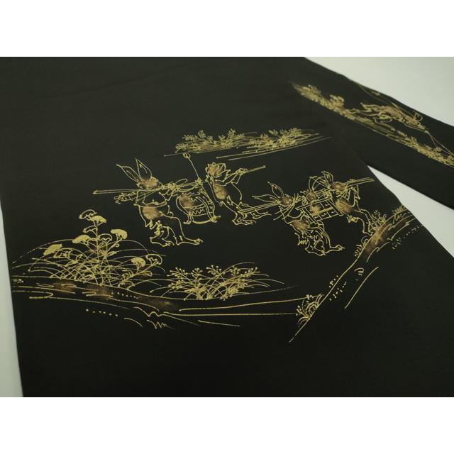 平和屋着物●塩瀬　九寸名古屋帯　手描き　鳥獣戯画　黒地　金彩　正絹　逸品　DAAY1173ps 平和屋着物○塩瀬 九寸名古屋帯 手描き 鳥獣戯画 黒地 金彩 正絹 逸品