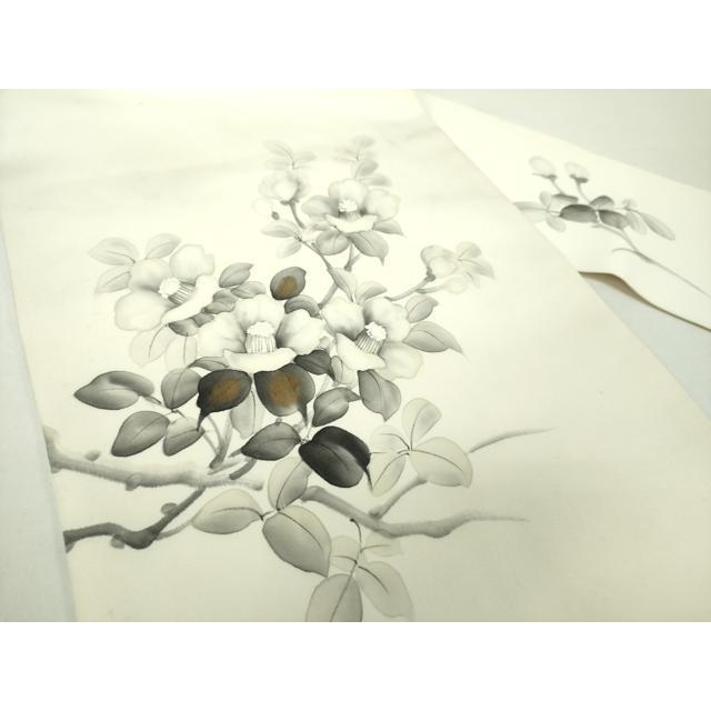 平和屋着物○塩瀬 九寸名古屋帯 作家物 手描き 枝椿 金彩 正絹 逸品 