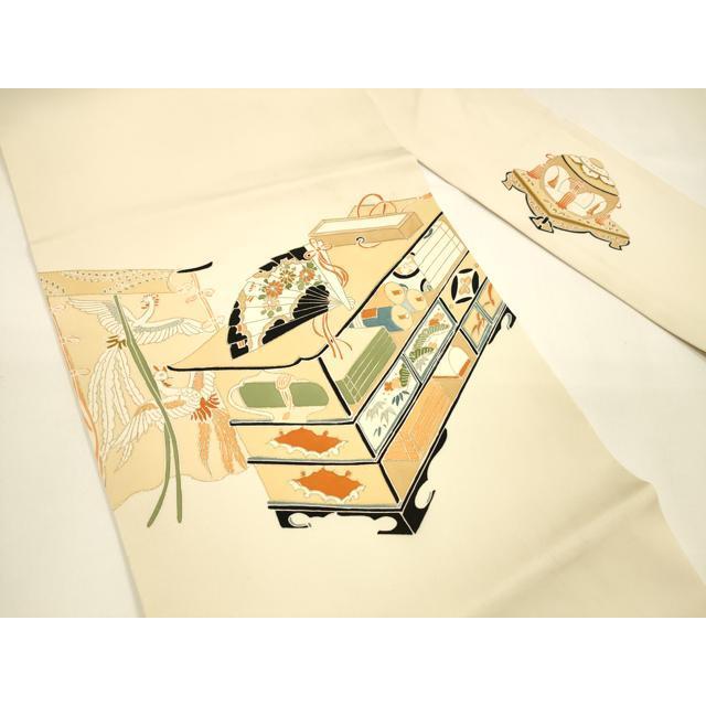 平和屋着物○塩瀬 九寸名古屋帯 檜扇草花文 鳳凰 金彩 正絹 逸品