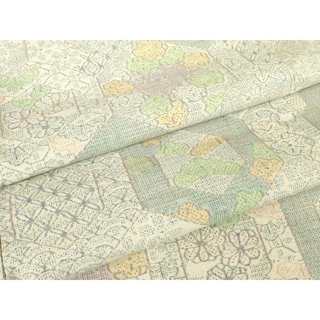 平和屋着物▽結城紬 単衣 花唐草間道 100亀甲 正絹 逸品 DAAV5624az