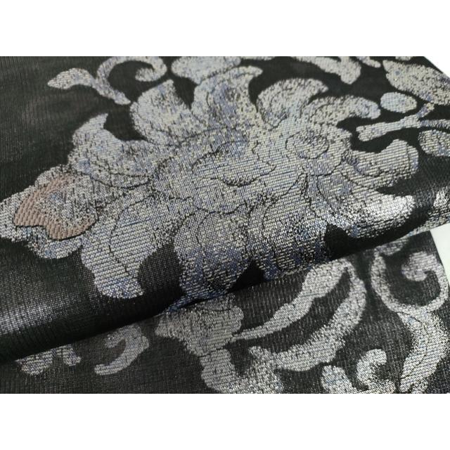 平和屋着物▽六通柄袋帯　スリーシーズン帯　春　夏　秋　更紗花文　黒地　銀糸　正絹　逸品　DAAZ0336ps