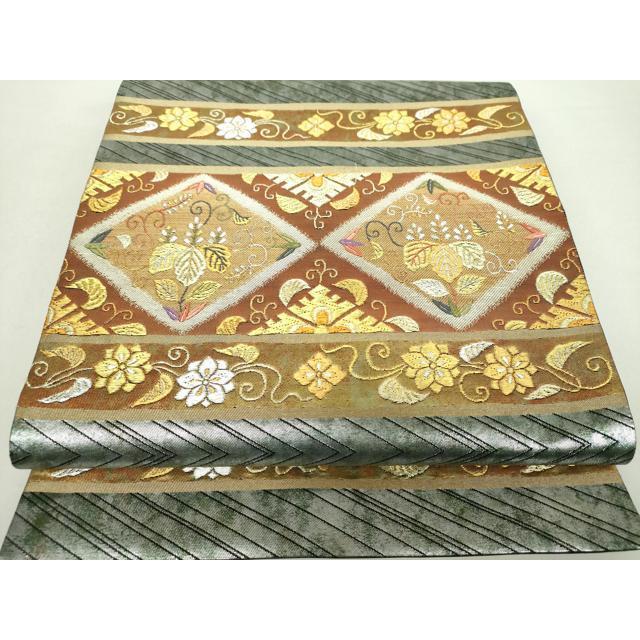 袋帯　格子模様　花菱　モール　金糸　銀糸　着物　084a p 袋帯 格子模様 花菱 モール 金糸 銀糸 着物 084a p