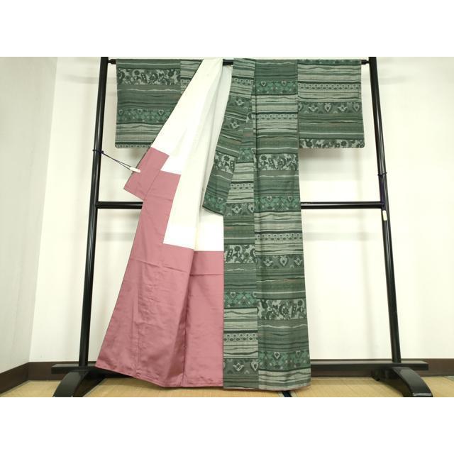 平和屋着物●本真綿紬　本草木染　コプト裂　横段更紗文　証紙付き　正絹　逸品　未使用　DABA4109az