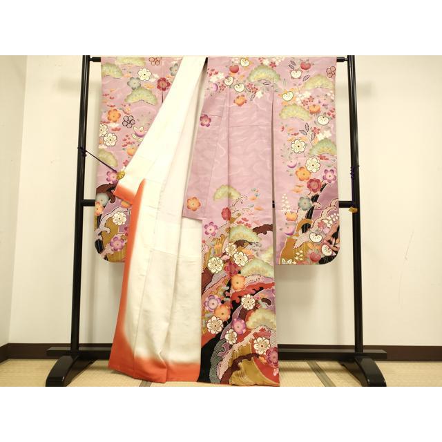 平和屋本店■希少　夏物　アンティーク　大正ロマン　振袖　絽　駒刺繍　立波松花文　黒地　逸品　DZAA7075kh5 平和屋着物○極上 アンティーク 大正ロマン 振袖 駒刺繍 松竹梅檜扇花