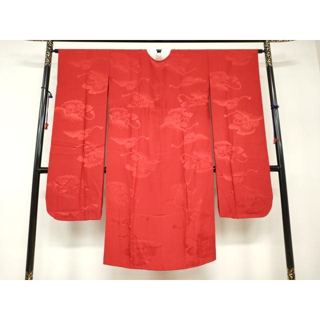 平和屋着物●振袖用長襦袢　無双仕立て　雲霞貝桶地紋　深緋色　半衿刺繍　正絹　逸品　DABB0433ud 平和屋着物○振袖用長襦袢 無双仕立て 雲霞貝桶地紋 深緋色 半衿刺繍